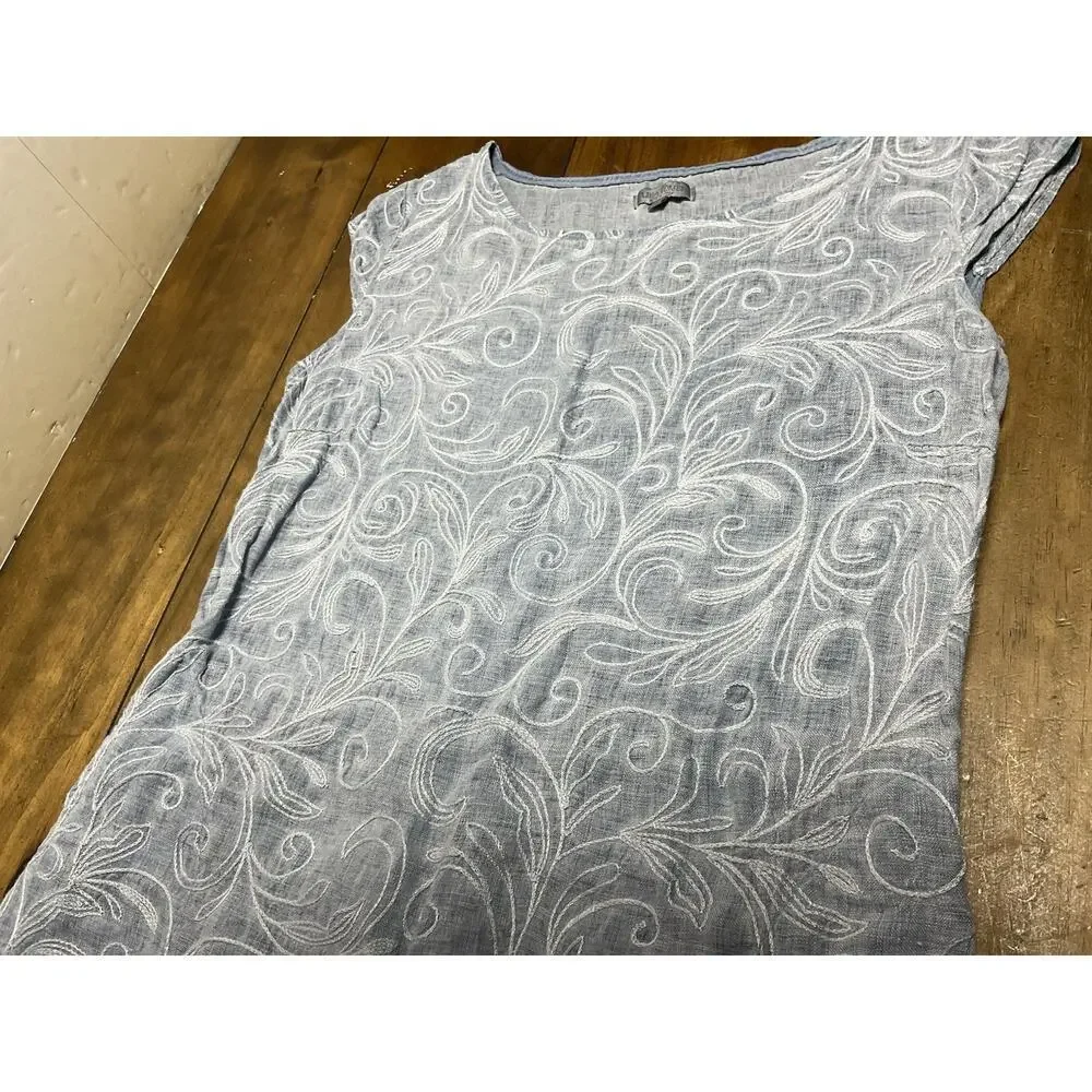 LINA TOMEI Chambray Blue Coastal Embroidered 100% Linen Dress Large Italy - Picture 4 of 11